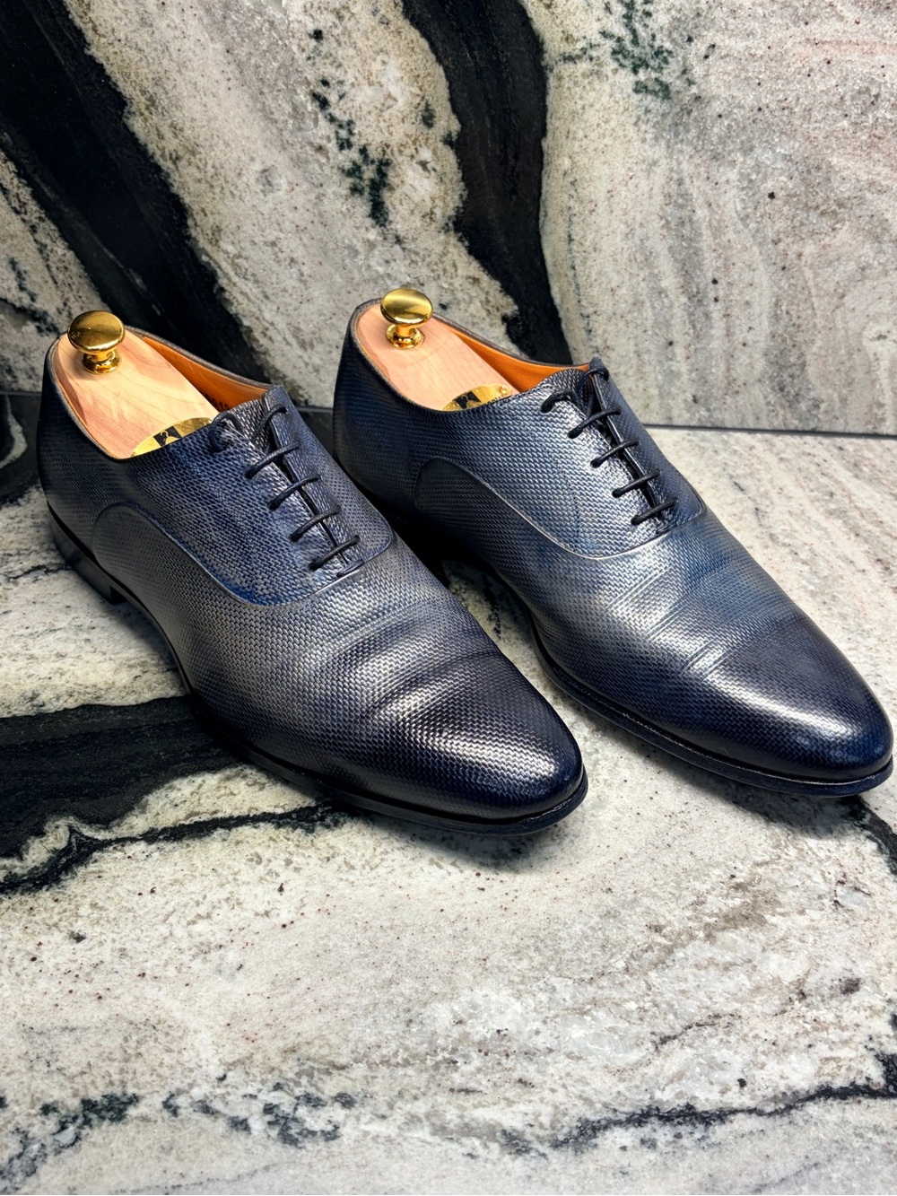 Santoni Fatte a Mano Blue Leather Oxfords Men’s UK 8.5 US 9.5 Italy